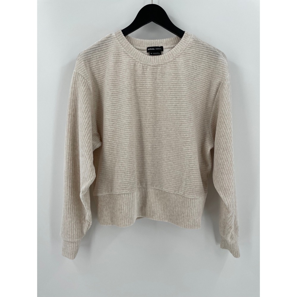 Prana Women Cream Ribbed Corduroy Crewneck Sweatshirt Organic Cotton Blend M
